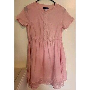 Jrs Simply Styled Pink Dress Sz XL (14-16) Textured Dot Lace Hem Button Front